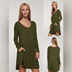 3-Pack Olive V-Neck Long Sleeve Swing Dress
